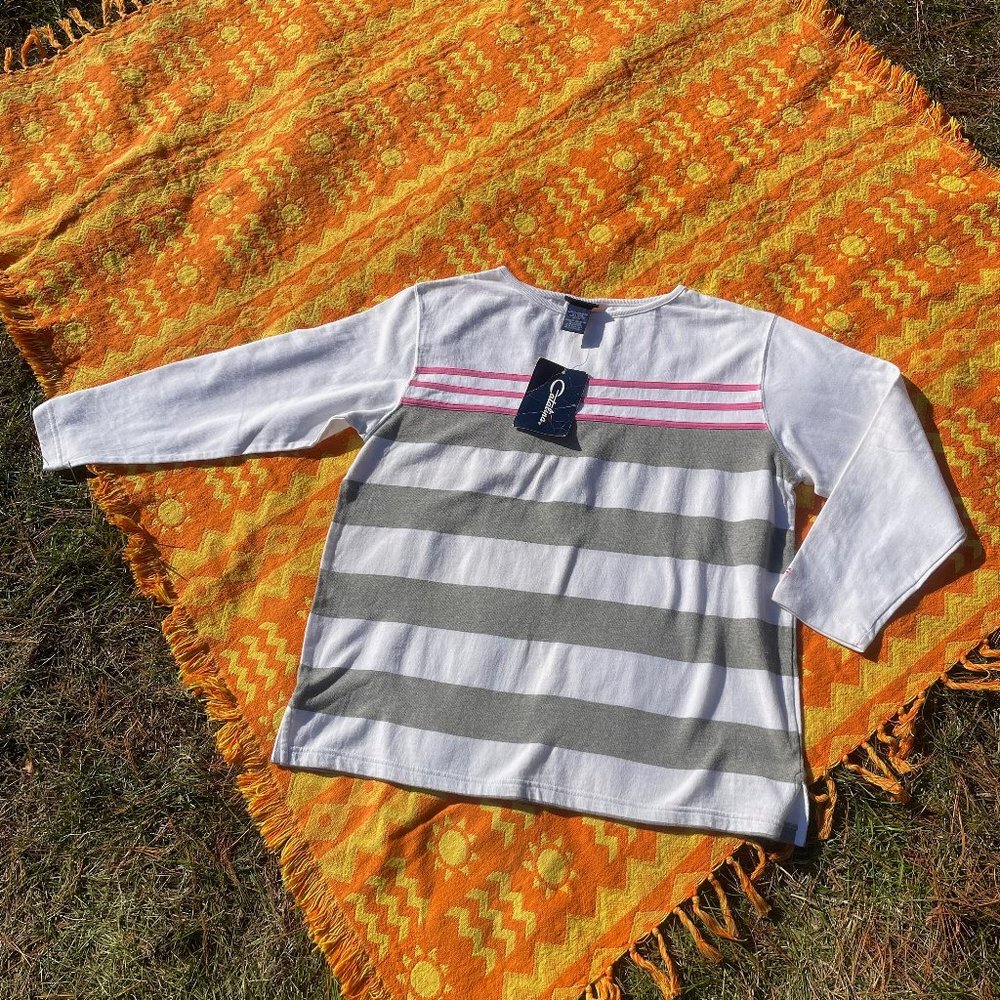 Vintage White and Gray Striped Sweatshirt with Pink Accents